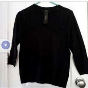 Talbots NWT Black Crew Neck Sweater W Black Bead Detail On Upper Front And Back